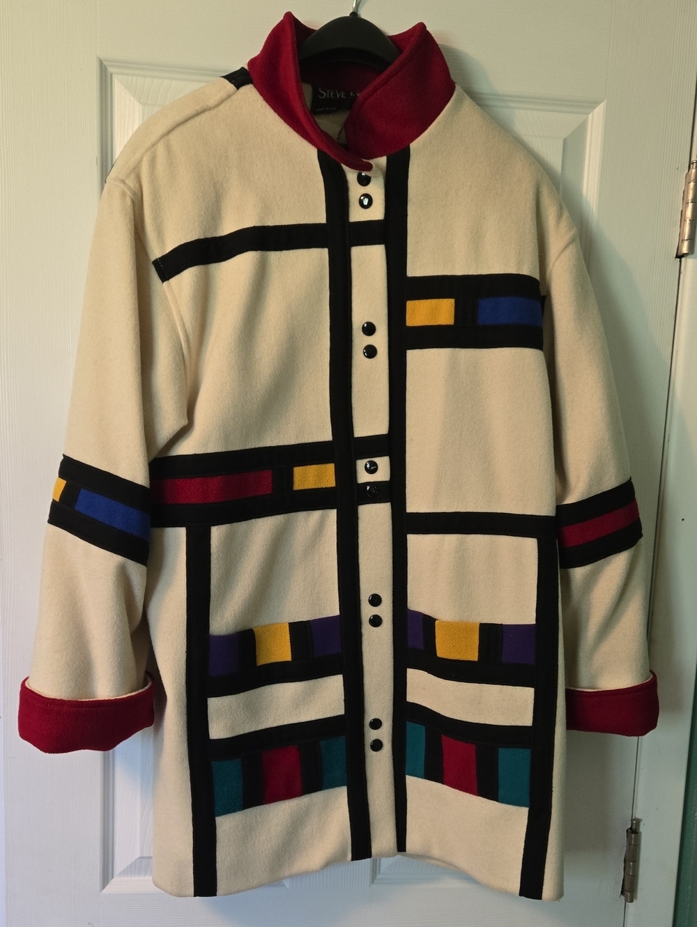 Steve Evans 1980s Geometric Color Block Vintage 100% Wool Coat